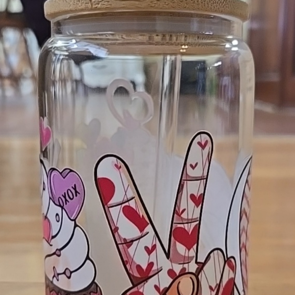 Dimple - Handmade PeaceGlass Cup 16oz. With Lid, Glass Straw, and straw cleaner.